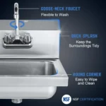304 Stainless Steel Wall Mount Hand Sink with Gooseneck Faucet, 17x15 Inch Utility Basin for Kitchen, Bar, Restaurant - Image 3