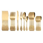 24pcs Stainless Steel Dinnerware Set Gold Cutlery Fork Royal Knives Kitchen Tea Spoon Western Dinner Tableware Flatware Gift