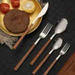 16pcs Stainless Steel Imitation Wooden Handle Cutlery Set Dinnerware Clamp Western Tableware Knife Fork Tea Spoon Silverware - Image 4