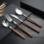 16pcs Stainless Steel Imitation Wooden Handle Cutlery Set Dinnerware Clamp Western Tableware Knife Fork Tea Spoon Silverware - Image 3